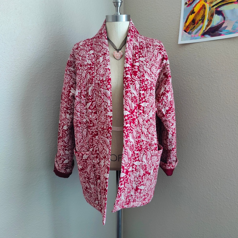 Autres Filles Quilted Floral Jacket Red Toile Print Open Front Pockets Rayon Lrg